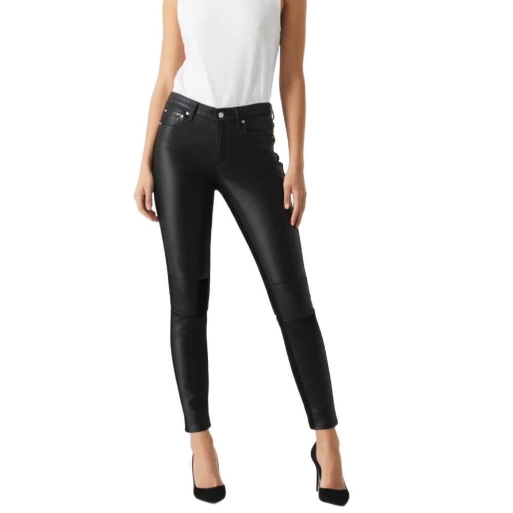 HELMUT LANG Black Leather Pants Stretch Knit Back Slim Fit Made in USA Size 30